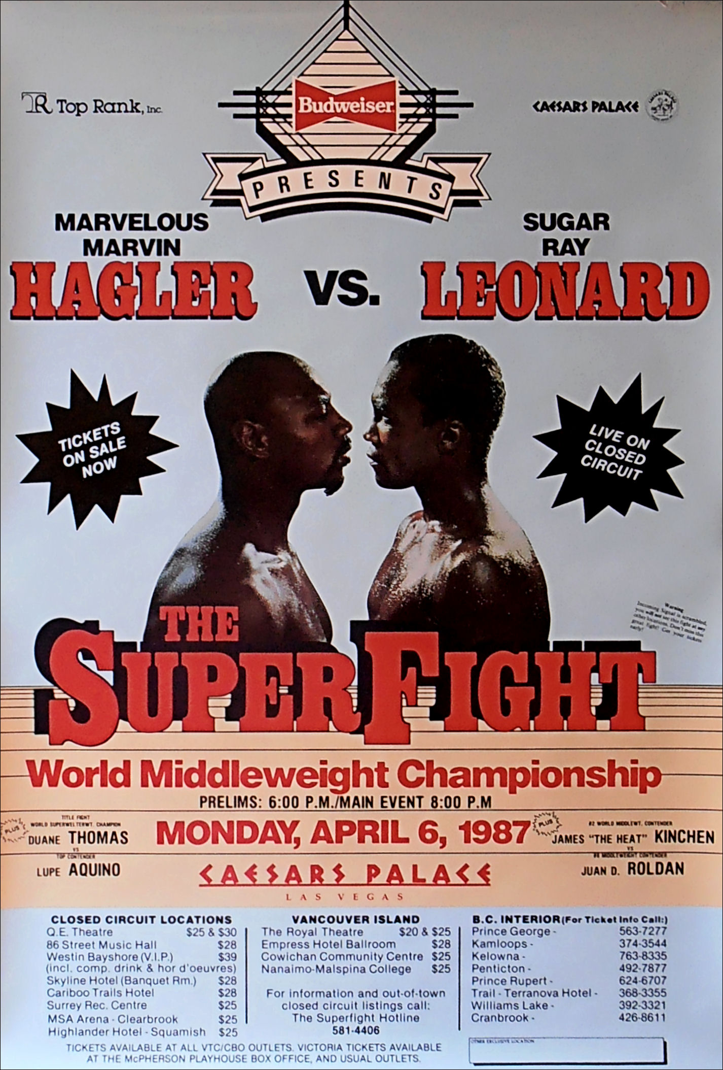 Original Closed Circuit Boxing Poster SUGAR RAY LEONARD MARVIN HAGLER vs 